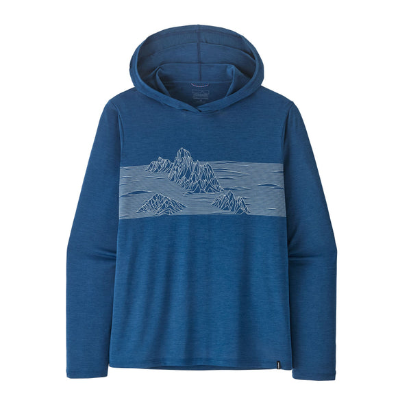 Blue Patagonia Men's Capilene Cool  Daily Hoody with mountain design across the chest, on a white background.