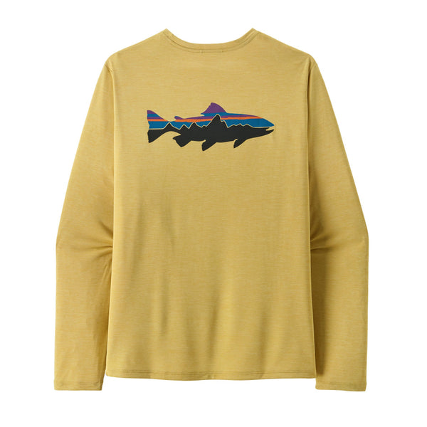 Yellow long-sleeve Patagonia Men's Capilene Cool Shirt with a Fitz Roy Trout fish graphic on the back, against a white background.
