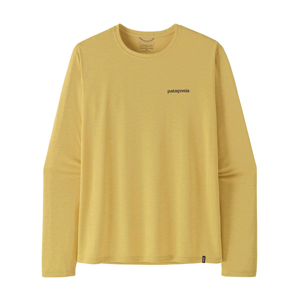 Yellow long-sleeve Patagonia Men's Capilene Cool Shirt with a small logo  on front left chest, against a white background.