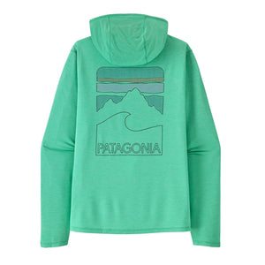 Aqua stone and teal x-dye color  Patagonia Men's Capilene Cool Sun Hoody with Peak Visions graphic on the back, on a white background.