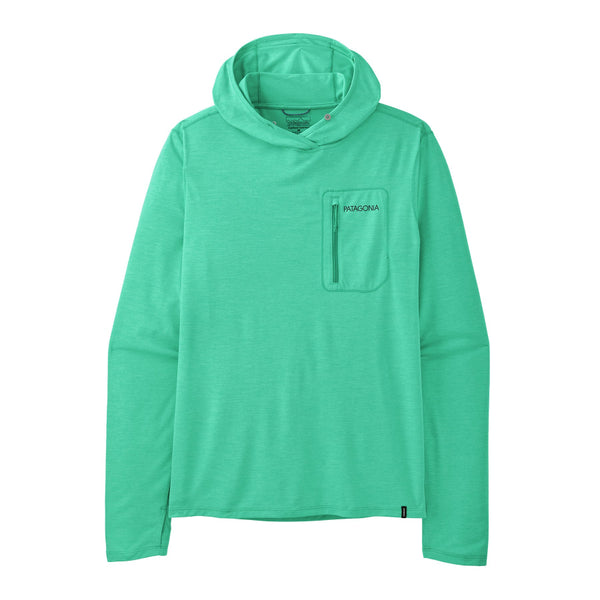 Aqua stone and teal x-dye color  Patagonia Men's Capilene Cool Sun Hoody Peak Visions with small logo and pocket on front, on a white background.
