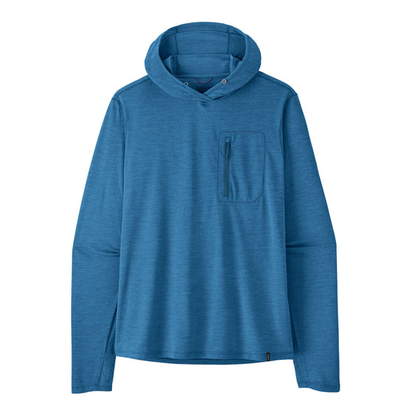 Aquatic blue x-dye Patagonia Men's Capilene Cool Sun Hoody against a white background.