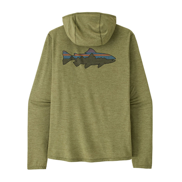 Green Patagonia Men's Capilene Cool Sun Hoody with Fitz Roy Trout logo on the back, on a white background.