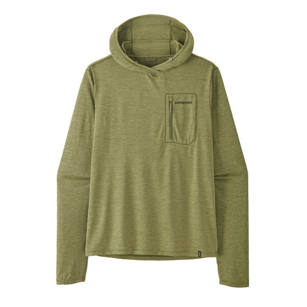 Green Patagonia Men's Capilene Cool Sun Hoody with Fitz Roy Trout logo on the back and small logo and zipper pocket front right chest, on a white background.