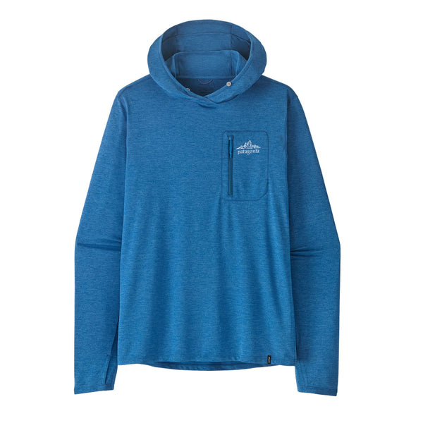 Front view of the aquatic blue Patagonia Men's Capilene Cool Sun Hoody with the cloud crag crest on the zipper pocket front right chest, on a white background.