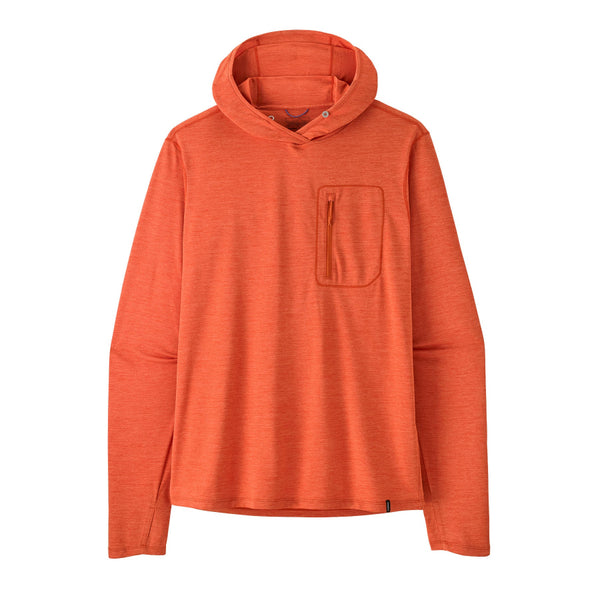 Coal orange x-dye Patagonia Men's Capilene Cool Sun Hoody, with front zipper pocket on left chest, against a white background.