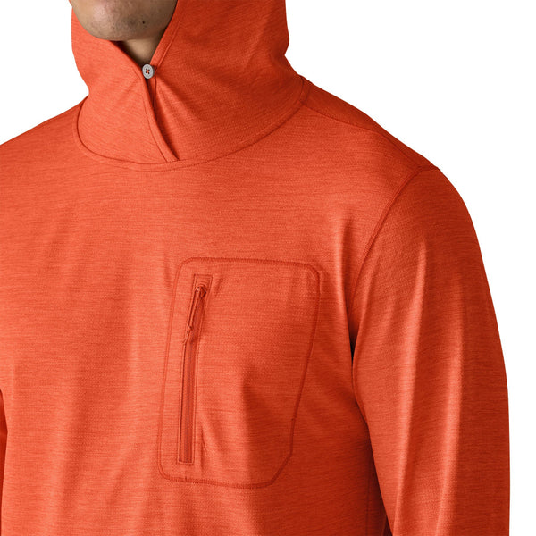 Person wearing a coal orange x-dye Patagonia Men's Capilene Cool Sun Hoody showing the hood and front pocket details, against a white background.