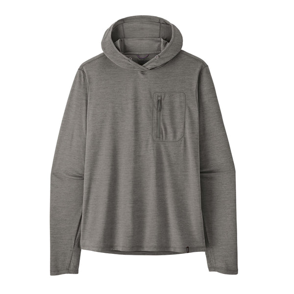 Noble grey x-dye Patagonia Men's Capilene Cool Sun Hoody, with front zipper pocket on left chest, against a white background.