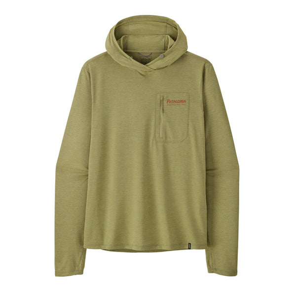 Gumtree green Patagonia Men's Capilene Cool Sun Hoody with a water people banner logo, on a white background.
