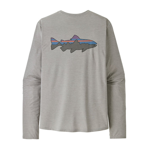 Crisp grey Patagonia Men's Capilene Cool Sun Shirt with a Fitz Roy Trout design on the back against a white background.