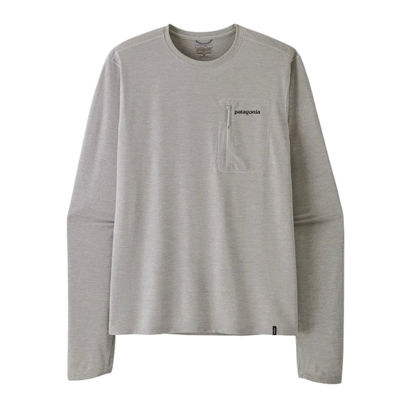 Crisp grey Patagonia Men's Capilene Cool Sun Shirt with a Fitz Roy Trout design on the back, showing the front with logo and pocket, against a white background.