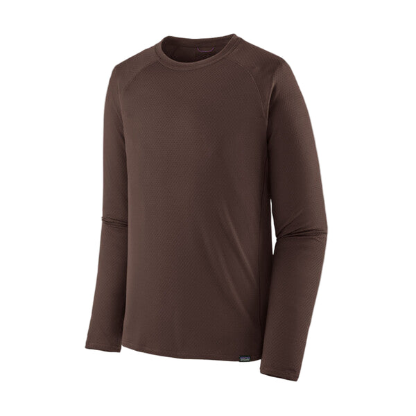 Patagonia Men's Capilene Midweight Crew in brown color featuring long sleeves and a round neckline, on a white background.