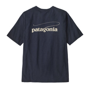 Back view of the Patagonia Men's Casting Logo Responsibili-Tee in Smolder Blue with large logo centered on the back, against a white background.