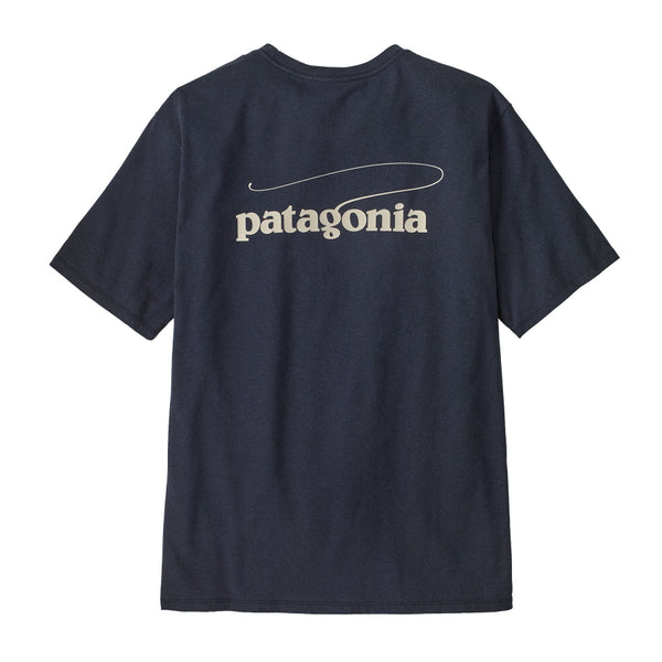 Back view of the Patagonia Men's Casting Logo Responsibili-Tee in Smolder Blue with large logo centered on the back, against a white background.