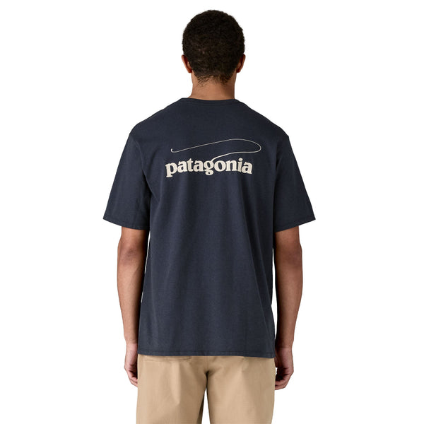 Person shown from the back wearing tan pants and the Patagonia Men's Casting Logo Responsibili-Tee in Smolder Blue against a white background.
