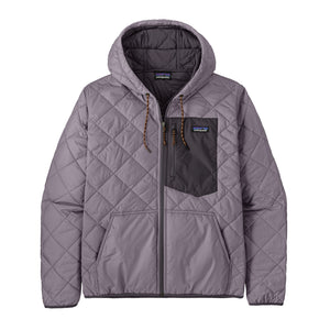 Front view of the May Grey Patagonia Men's Diamond Quilted Bomber Hoody, showing the contrast zipper pocket on the left chest and front handwarmer pockets, on a white background.