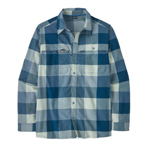 A long-sleeved Patagonia men's early rise stretch shirt with a plaid pattern in green, blue, and grey colors, on a white background.