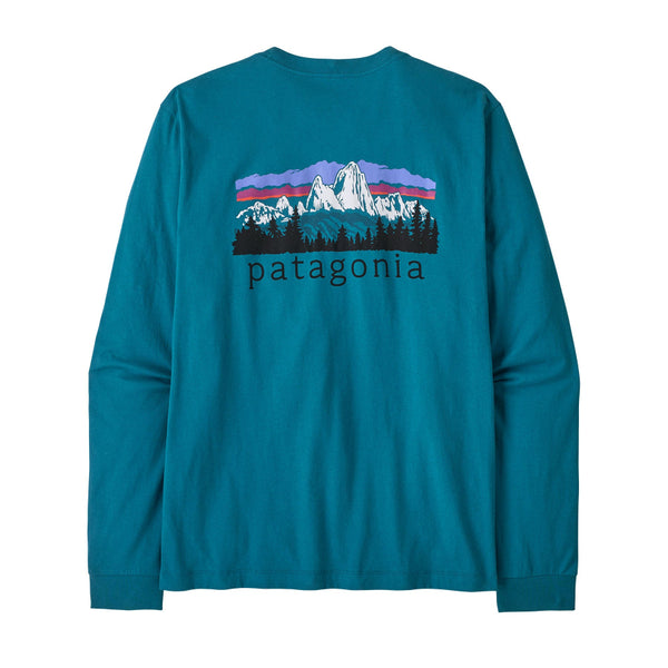 A glacial blue color Patagonia Men's Fitz Roy Foothills Long-Sleeved T-Shirt showing the large logo graphic on the back, against a white background.