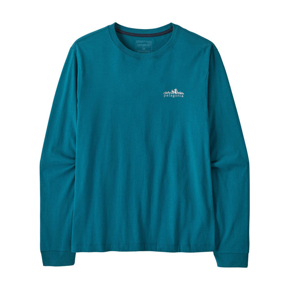A glacial blue color Patagonia Men's Fitz Roy Foothills Long-Sleeved T-Shirt showing the small logo graphic on the front left chest, against a white background.