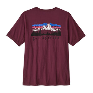 A berry fig color Patagonia Men's Fitz Roy Foothills Short-Sleeved T-Shirt showing the large logo graphic on the back, against a white background.