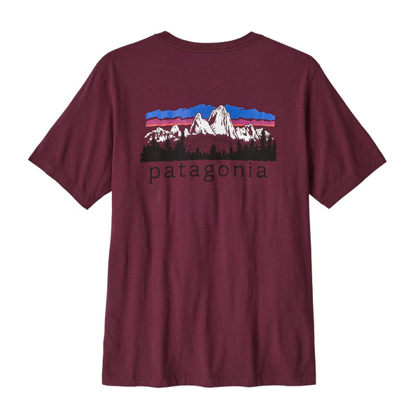 A berry fig color Patagonia Men's Fitz Roy Foothills Short-Sleeved T-Shirt showing the large logo graphic on the back, against a white background.