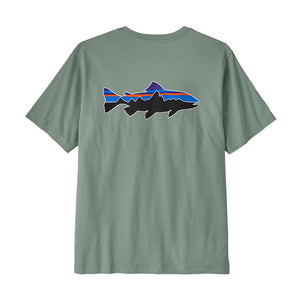Cover Green Patagonia Men's Fitz Roy Trout T-Shirt with the fitz roy trout graphic on the back, against a white background.
