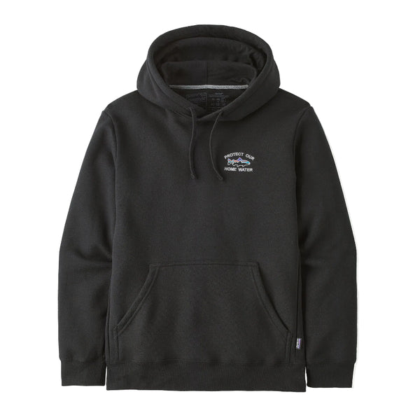 Front of the black Patagonia Men's Home Water Trout Uprisal Hoody against a white background.