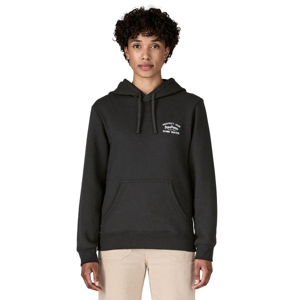 Person wearing the black Patagonia Men's Home Water Trout Uprisal Hoody against a white background.