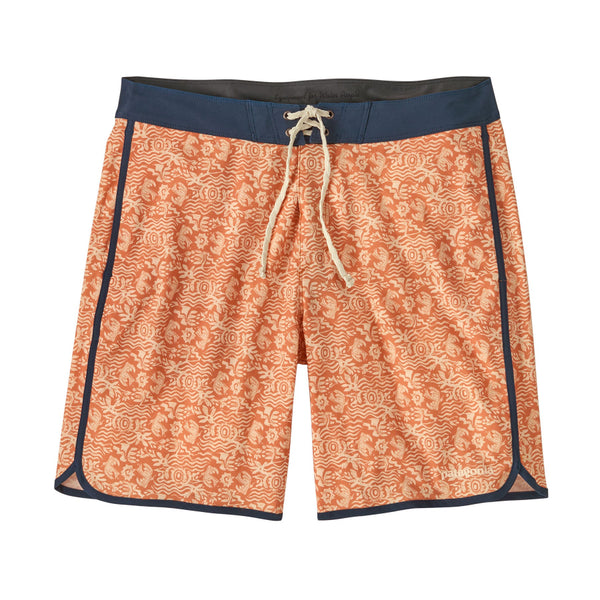 Patagonia men's hydropeak side shore board shorts with an orange pattern and grey waistband on a white background.