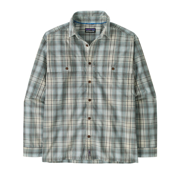 The dyno white longshore plaid Patagonia Men's Island Hopper Shirt on a white background.