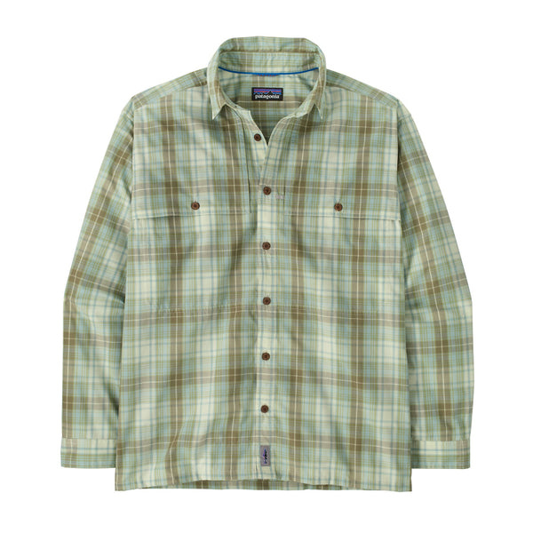 A long-sleeved Patagonia men's Island Hopper fishing shirt in a lichen green checkered pattern with chest pockets and a buttoned front, on a white background.