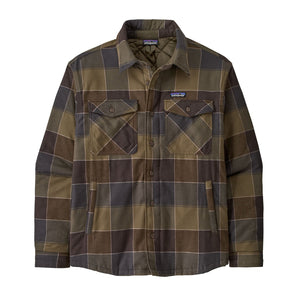 Patagonia Men's Insulated Fjord Flannel Shirt with a button top pockets on the chest, in basin green snow owl plaid, shown against a white background.