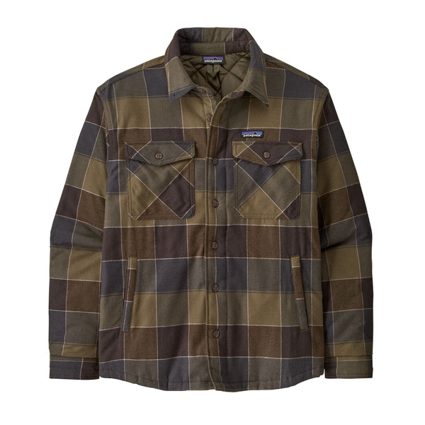 Patagonia Men's Insulated Fjord Flannel Shirt with a button top pockets on the chest, in basin green snow owl plaid, shown against a white background.