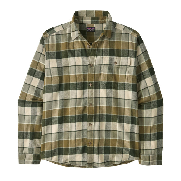 Patagonia Men's Lightweight Long Sleeved Fjord Cotton Flannel Shirt in Rocky: Old Growth Green on a white background.