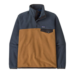 The two-tone deer brown and blue Patagonia Men's Synchilla Lightweight Snap T Fleece Pullover on a white background.