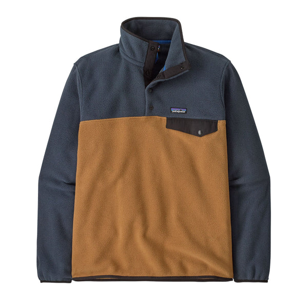 The two-tone deer brown and blue Patagonia Men's Synchilla Lightweight Snap T Fleece Pullover on a white background.