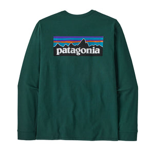 Green Patagonia P-6 long-sleeve shirt with logo on the back against a white background.