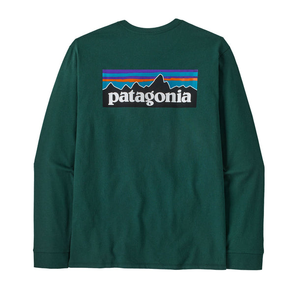 Green Patagonia P-6 long-sleeve shirt with logo on the back against a white background.