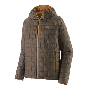 The new for 2025 Patagonia Men's Nano Puff Fitz Roy Trout Insulated Hoody in otter brown on a white background.
