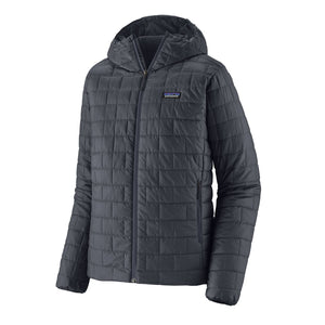 A smolder blue Patagonia Men's Nano Puff Insulated Hoody, with brick quilting and a full-length front zipper, against a white background.