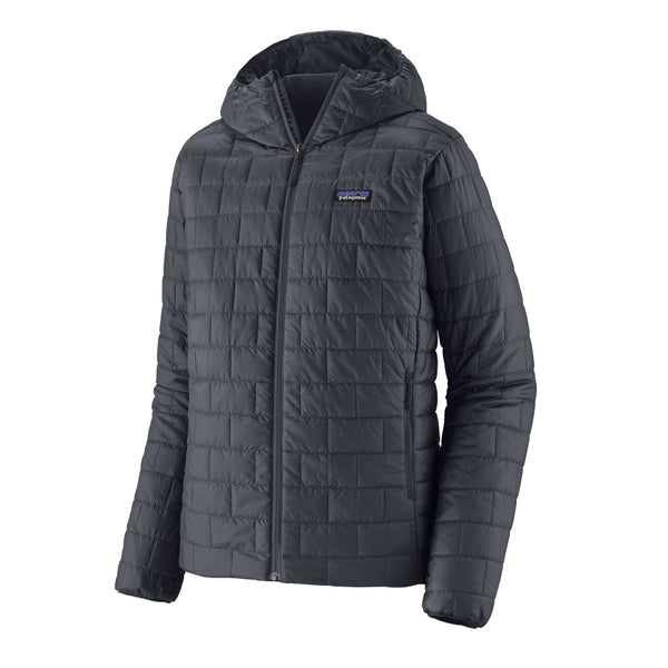 A smolder blue Patagonia Men's Nano Puff Insulated Hoody, with brick quilting and a full-length front zipper, against a white background.