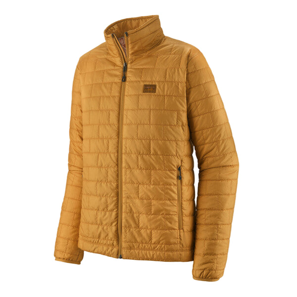 A Patagonia Men's Nano Puff Jacket in pufferfish gold with a zippered front and a brand logo on the chest, against a white background.