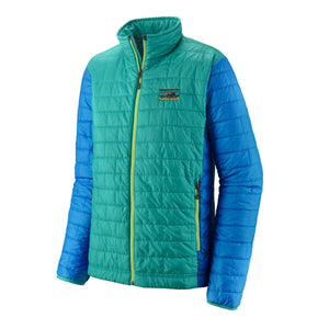 A Patagonia Men's Nano Puff Jacket in subtidal blue with a zippered front and a brand logo on the chest, against a white background.