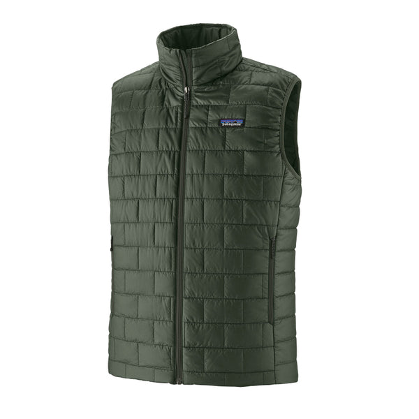 Green Patagonia Men's Nano Puff quilted vest with a brand logo on a white background.