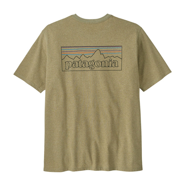 Gumtree green Patagonia P-6 Logo t-shirt with a graphic on the back, against a white background.