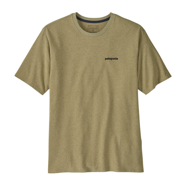 Gumtree green Patagonia P-6 Logo t-shirt with a small logo, against a white background.