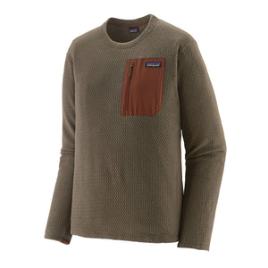 Brown Patagonia R1 Air long-sleeve shirt with a rusty brown pocket and brand logo on a white background.