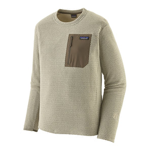 Beige Patagonia R1 Air long-sleeve shirt with a brown pocket and brand logo on a white background.