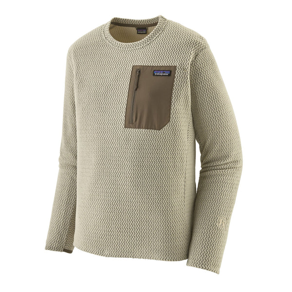Beige Patagonia R1 Air long-sleeve shirt with a brown pocket and brand logo on a white background.