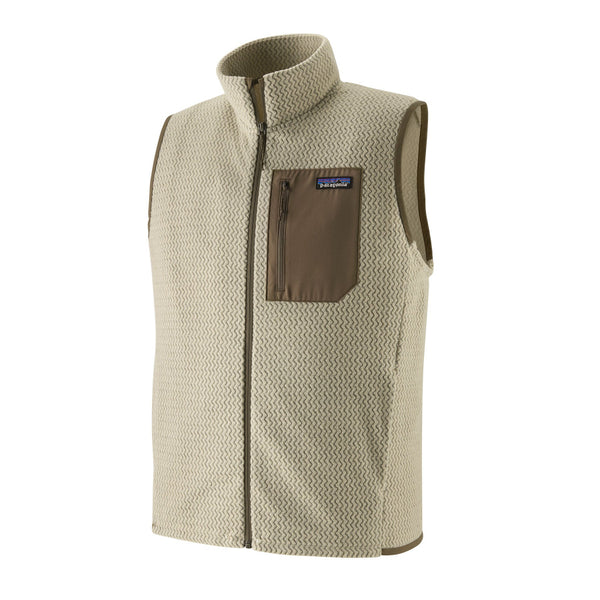 A pelican tan Patagonia Men's R1 Air Fleece Vest on a white background.